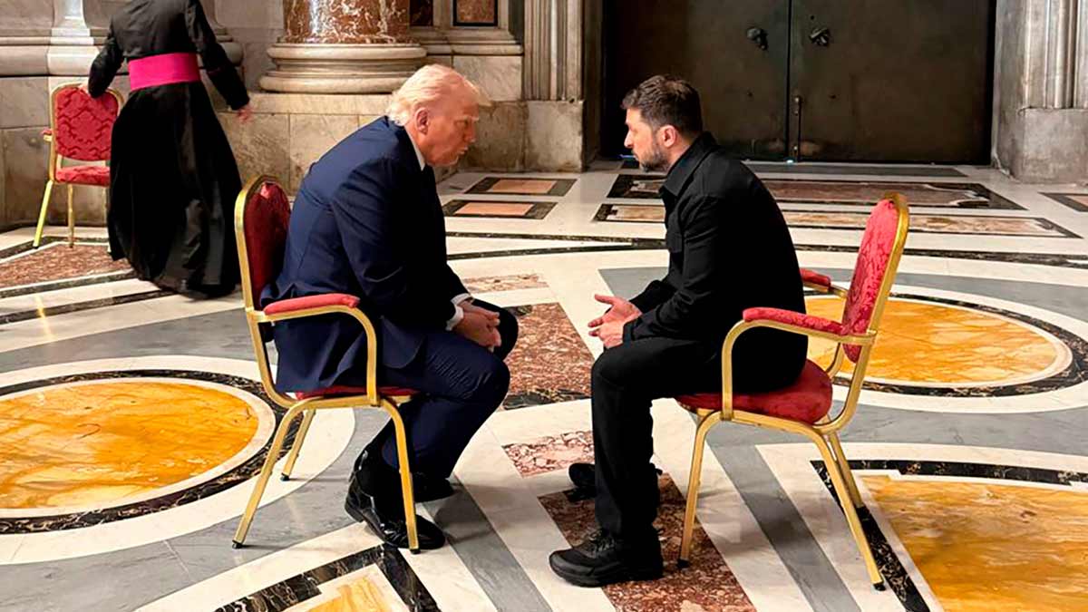 Ukraine's President Volodymyr Zelenskyy, right, and President Donald Trump, talk as they attend the funeral of Pope Francis in Vatican | AP