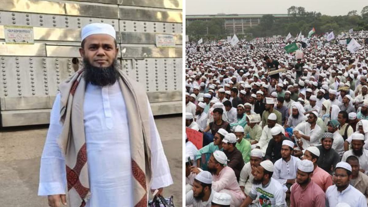 Hefazat-e-Islam secretary general Maulana Azizul Haque Islamabadi. (Right) A protest meeting held by the group |  X 