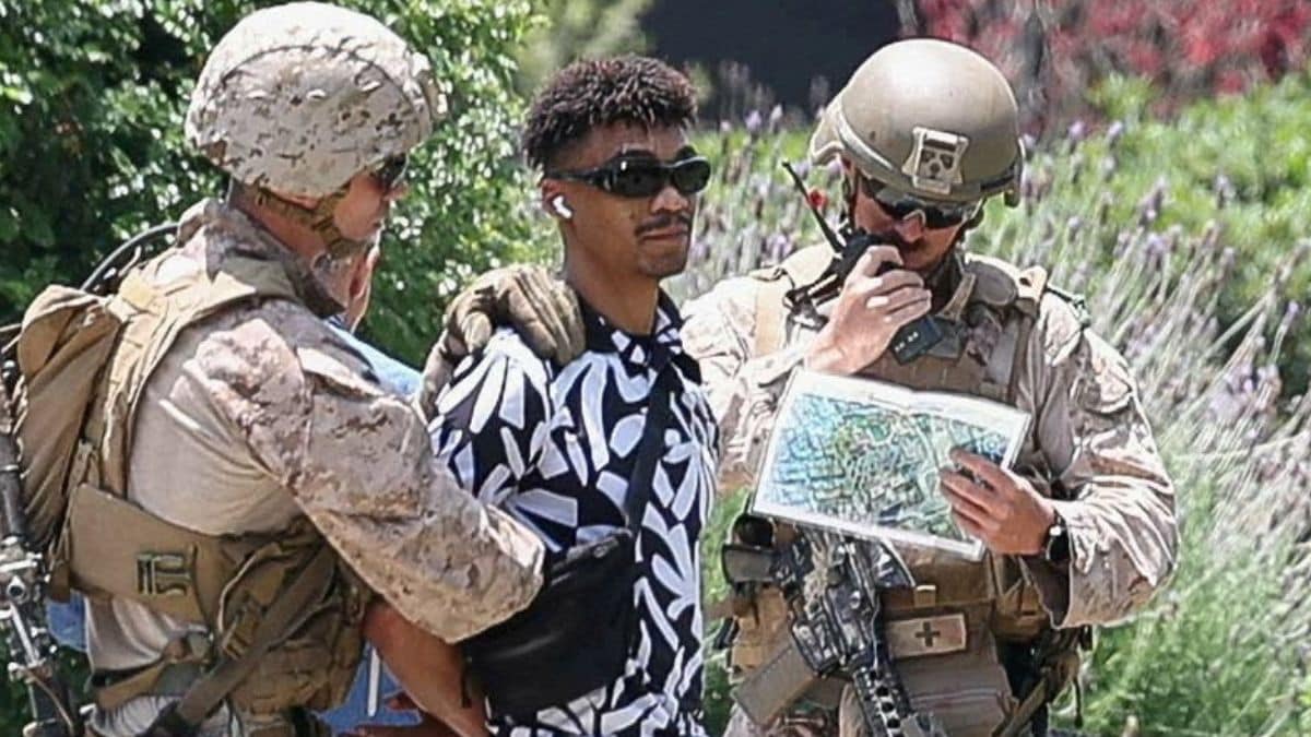 US Marines detain 27 year-old veteran Marcos Leao outside the Wilshire Federal Building in Los Angeles, California on June 13, 2025 | REUTERS