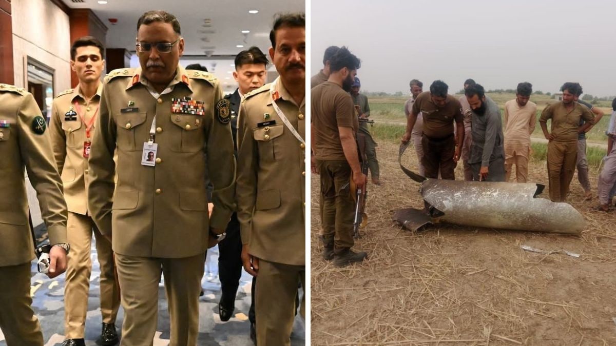 Pakistan's Chairman of the Joint Chiefs of Staff Committee General Sahir Burkabal Shamshad Mirza  (middle). (Right) Footage from the crash site of Saab 2000 Erieye at Dingra, Gujrat District, Pakistan, which was shot down by Indian S-400 during Operation Sindoor | X 