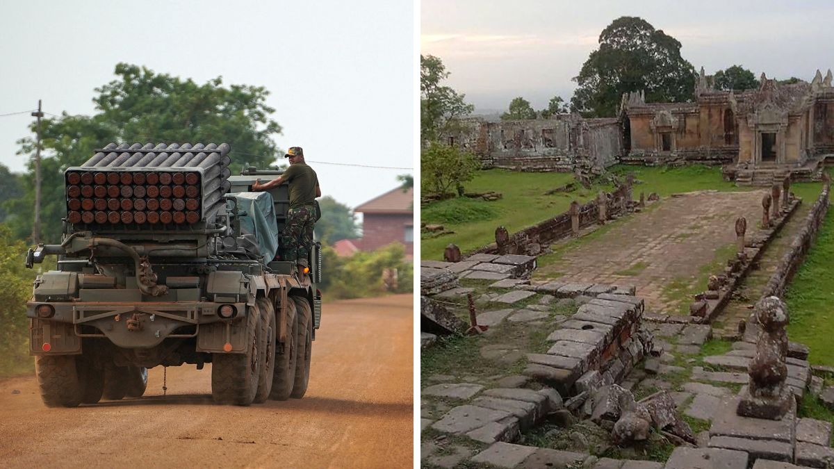 A Cambodian military personnel stands on a BM-21 Grad multiple rocket launcher, around 40 km (24 miles) from the disputed temple. (Right)  The Preah Vihear temple near the Cambodia-Thailand border in Preah Vihear province | Reuters 