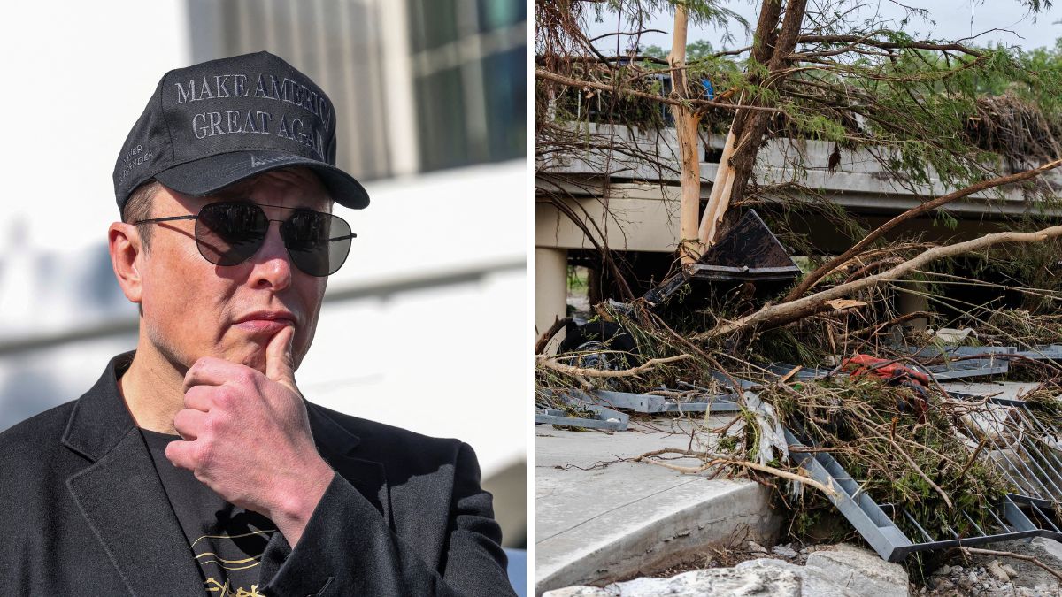 Elon Musk. (Right) Debris and uprooted trees lay on the ground after flash flooding in Louise Hays Park next to the Guadalupe River | AFP