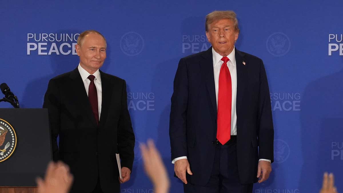 US President Donald Trump, right, stands with Russia's President Vladimir Putin at the conclusion of a joint press conference at Joint Base Elmendorf-Richardson, Alaska | AP