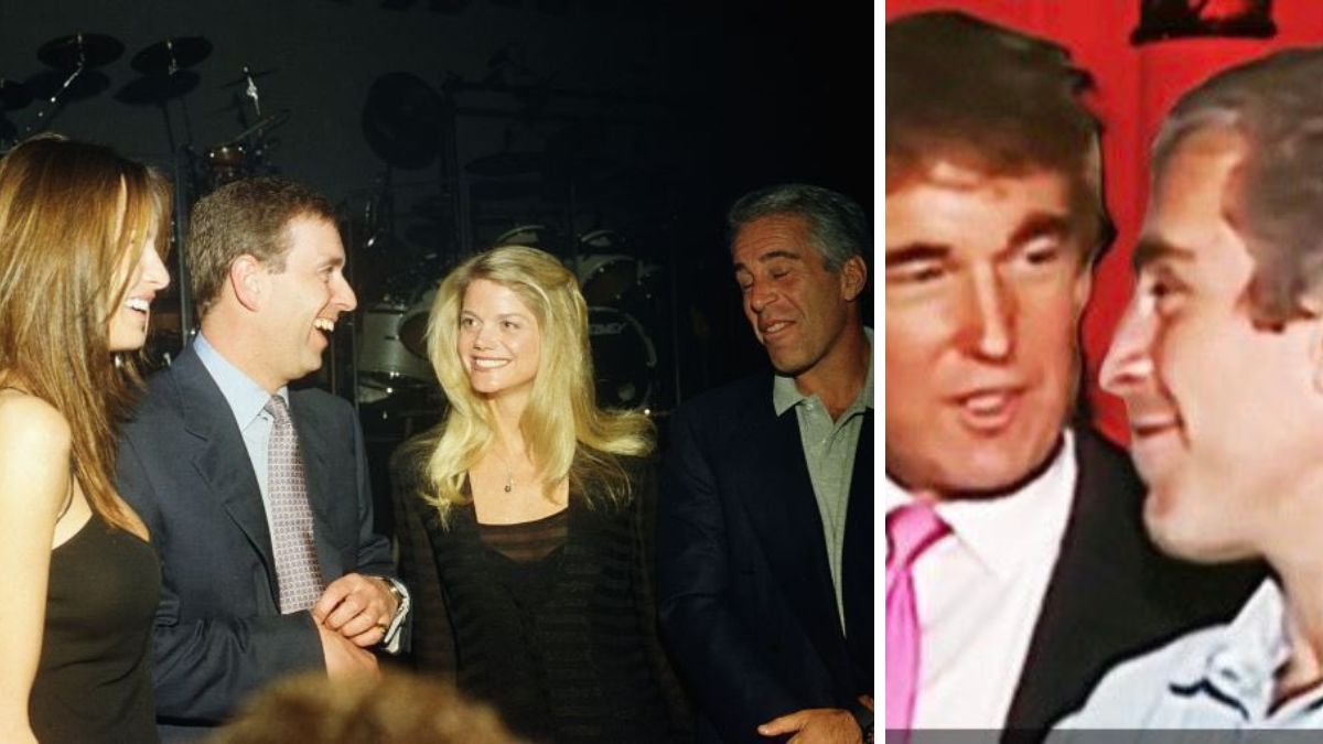 First lady Melania Trump pictured with Prince Andrew and Jeffrey Epstein. (Right)  Donald Trump with Jeffrey Epstein | X 