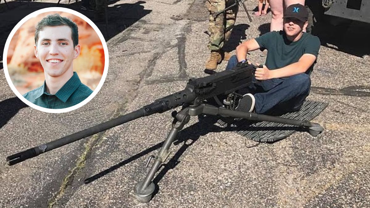 Tyler Robinson, 22, posing with an M2 Browning 50. calibre machine gun | Facebook