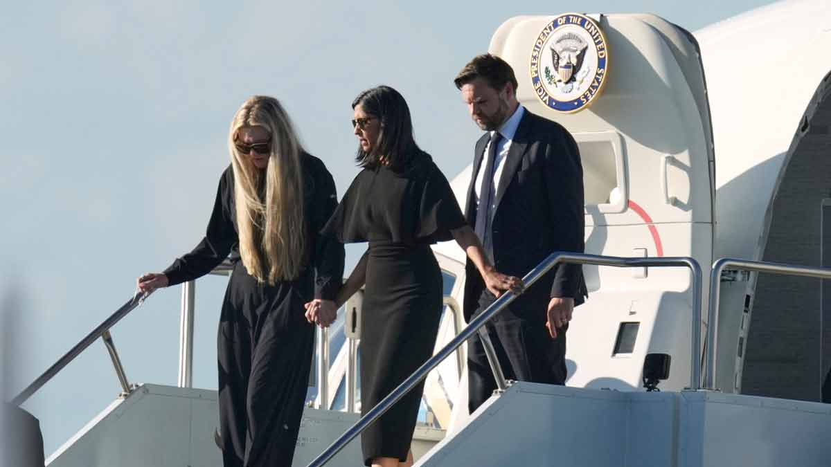 US Vice President JD Vance, right, Second Lady Usha Vance, center, and Erika Kirk deplane Air Force Two, carrying the body of Charlie Kirk in Phoenix | AP