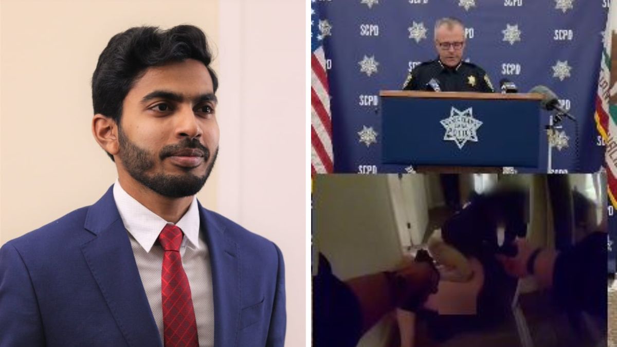 Indian techie Mohammed Nizamuddin who was shot dead by the Santa Clara Police/ (Right) A screengrab from the video put up by Santa Clara Police Chief Cory Morgan, showing the scene from the incident | X 