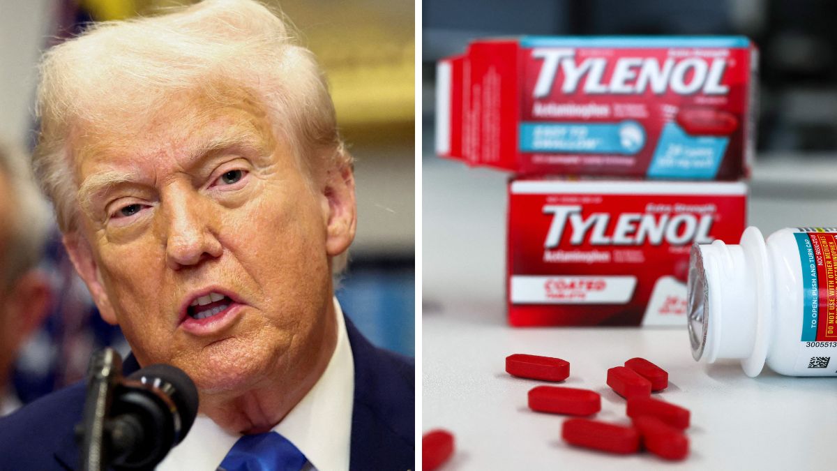 US President Donald Trump. (Right) Tylenol packages and caplets | X 