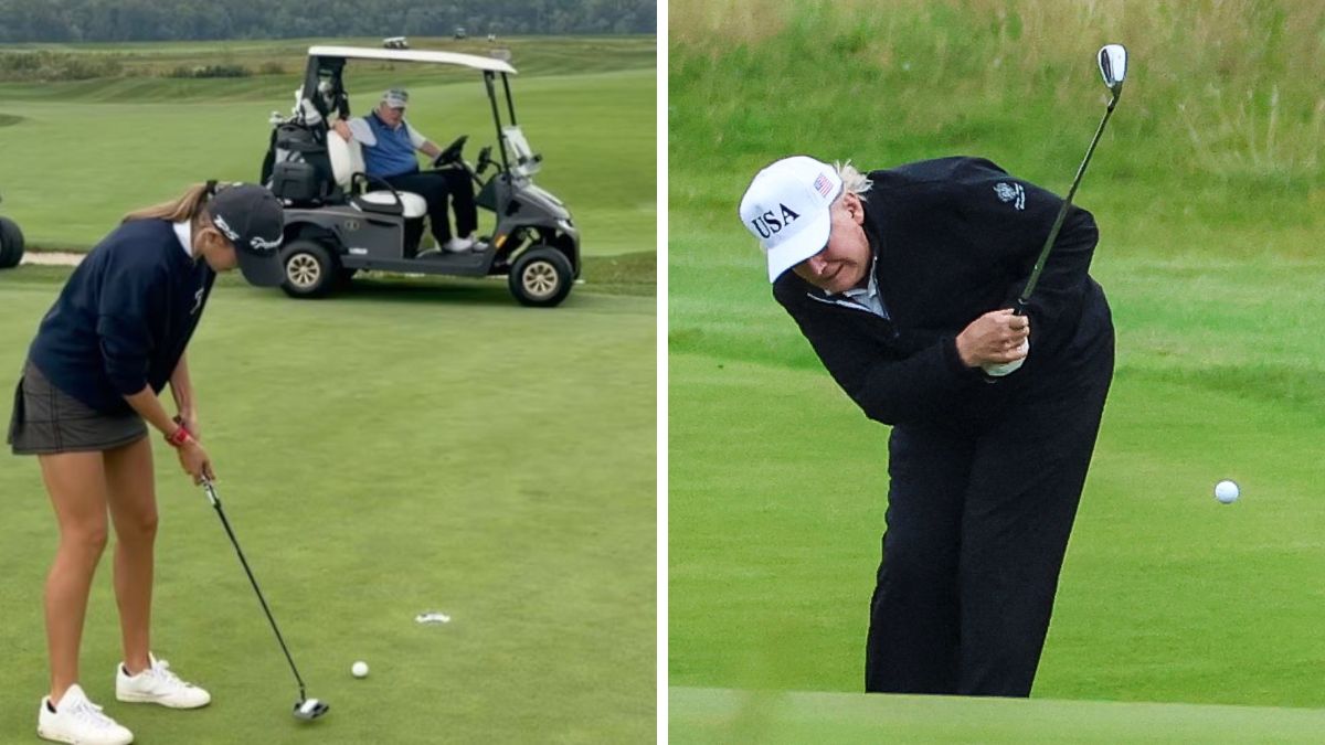 US President Donald Trump watching granddaughter Kai Trump play at his golf course in Virginia. (Right) File image of Donald Trump | X 