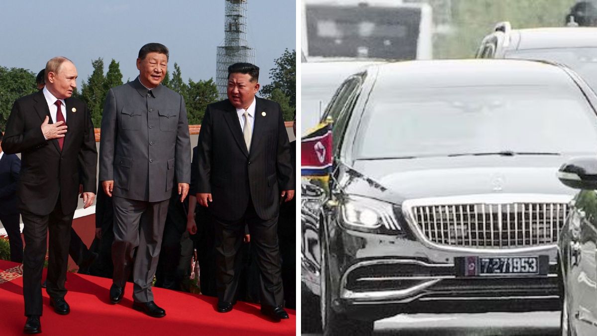 Russia's President Vladimir Putin walks with China's President Xi Jinping and North Korea's leader Kim Jong Un before a military parade | AFP. (Right) Kim's Mercedes-Maybach limousine sporting the Korean Armistice plate | X 