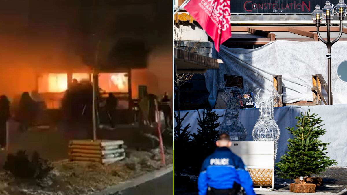 Visuals showing the blaze at the 'Le Constellation' bar in the Swiss ski resort of Crans-Montana (L) and police officers inspecting the site of the wreckage later in the day (R) | X, AP