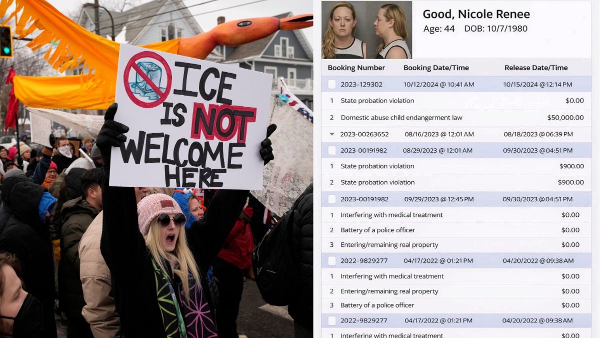 (L) Protesters march during a rally for Renee Good, who was fatally shot by an ICE officer earlier in the week, in Minneapolis, (R) Rap sheet circulating on X | PTI, X