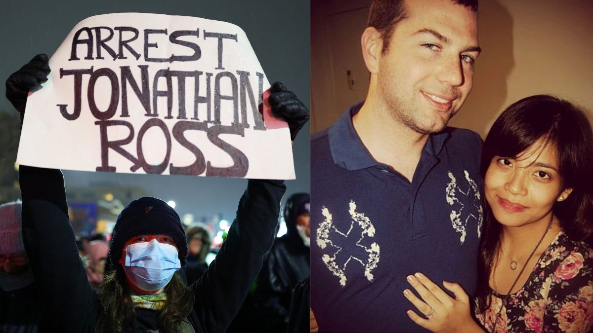 (L) A protester holds a sign reading "ARREST JONATHAN ROSS" during a rally for Renee Good in Minneapolis, (R) Jonathan Ross along with his wife Patrixia | AP, X