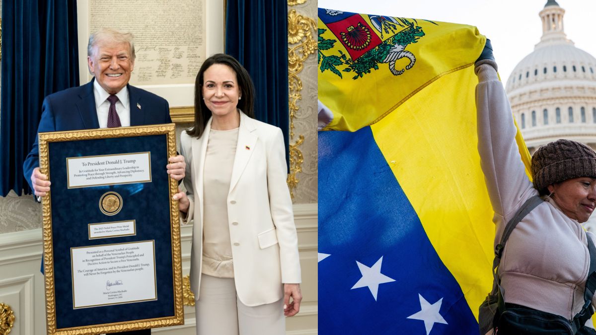 (L) Venezuelan opposition leader Mara Corina Machado presents her Nobel Peace Prize to US President Donald Trump during a meeting at the Oval Office (R) A woman holds a Venezuelan flag as people gather outside the U.S. Capitol in Washington, D.C. | PTI, Reuters  