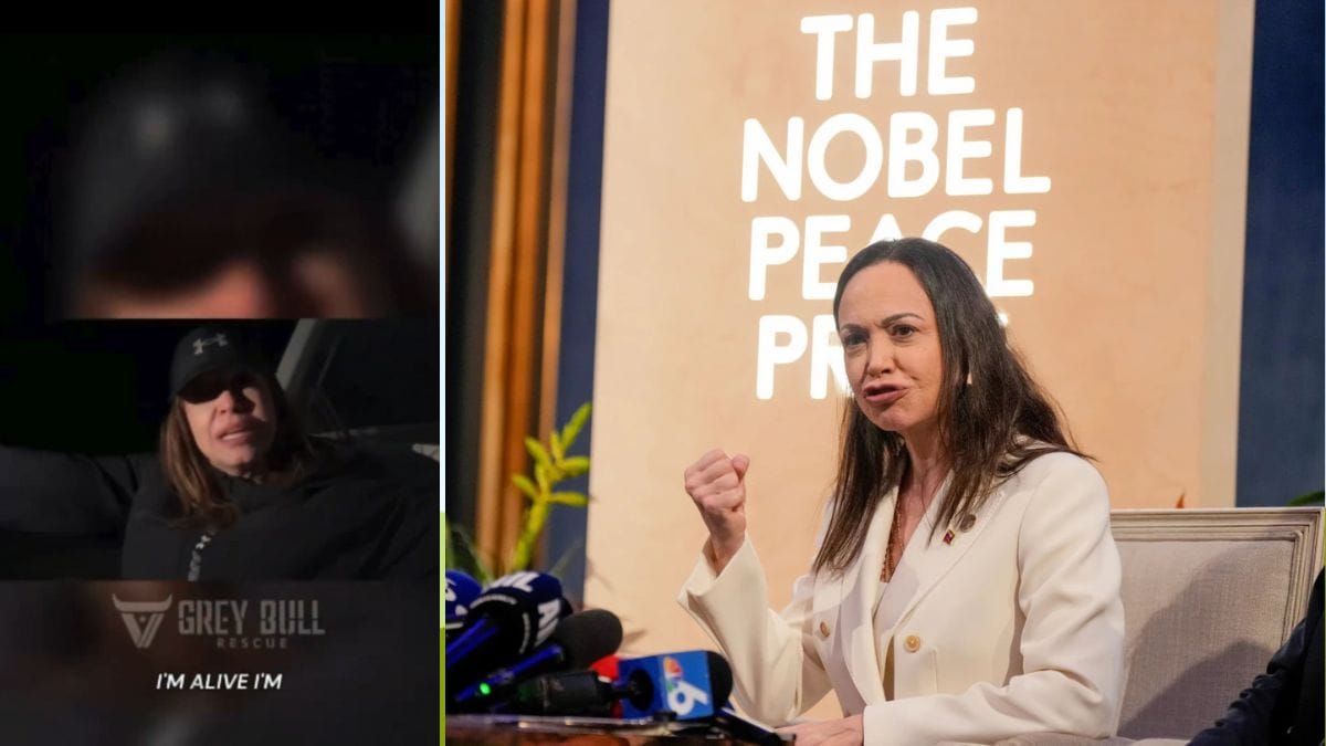 A visual from the Grey Bull Rescue video (L) showing Maria Corina Machado's (R) daring escape from Venezuela | X, AP