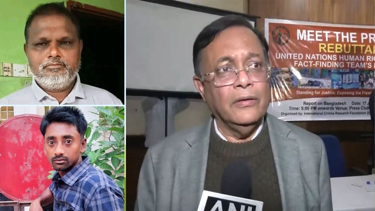 Slain shopkeeper Liton Chandra Ghosh (top-left) and petrol pump worker Ripon Saha (bottom-left); Former Dhaka Foreign Minister and Awami League leader Hasan Mahmud at a press conference in Delhi (right) | ANI, X