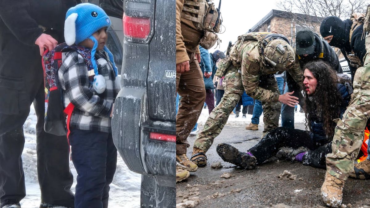 (L) Five-year-old taken to custody by ICE, (R) A person is detained after confronting Border Patrol as they were arresting two teenagers in Minneapolis | X, AFP 