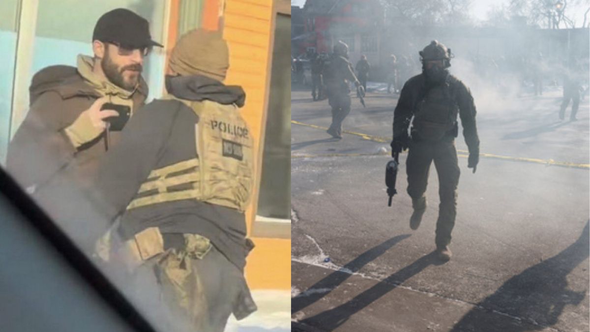 (L) Alex Pretti confronting a Border Patrol official, (R) A federal agent walks through a cloud of teargas near the site where a man identified as Alex Pretti was fatally shot by federal agents trying to detain him, in Minneapolis | X, Reuters
