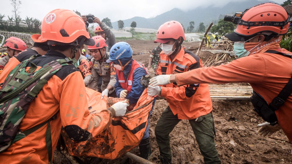 Rescue operations underway at the landslide-hit village of Pasirlangu in the West Bandung area of Indonesia's West Java province | AFP