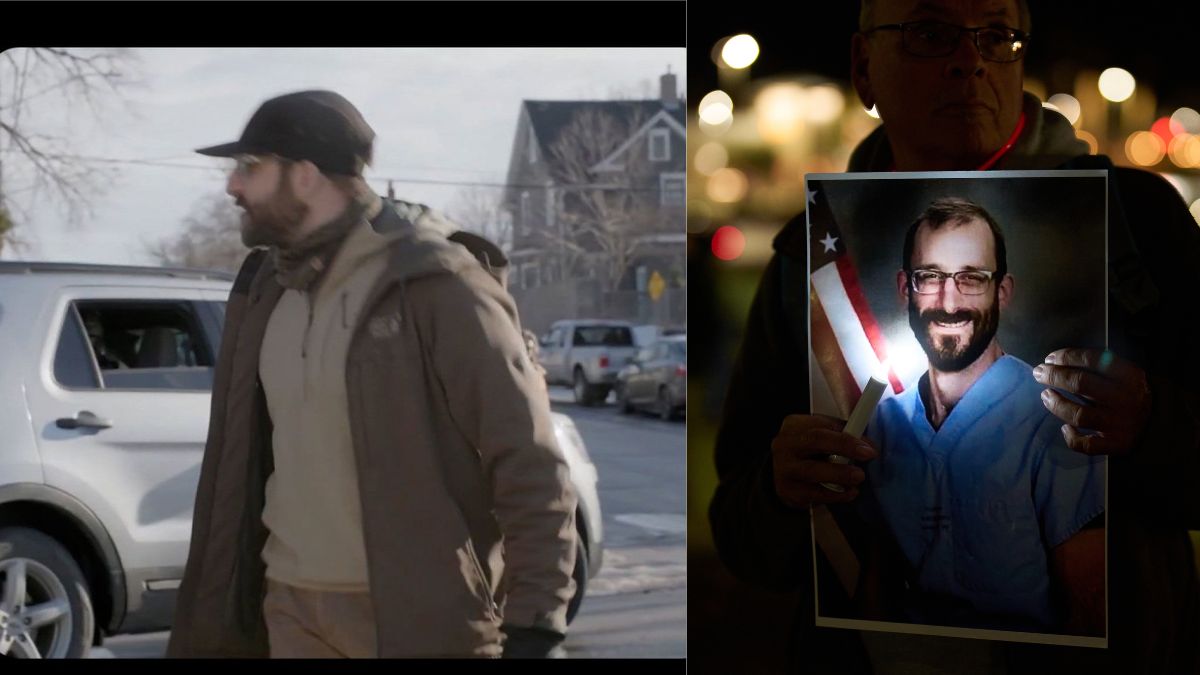 (L) Screengrab of the video showing Alex Pretti engaging in an altercation with the federal officers, (R) A person holds a picture during a vigil for Alex Pretti, who was shot and killed by federal immigration enforcement in Minneapolis | X, AP