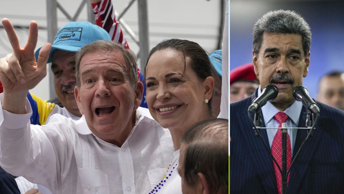 [File] Venezuelan presidential hopeful (in 2024) Edmundo Gonzalez standing to the left of right-wing politician-activist and 2025 Nobel Peace Prize winner Maria Corina Machado (L); Venezuelan President Nicolas Maduro (R) | AP