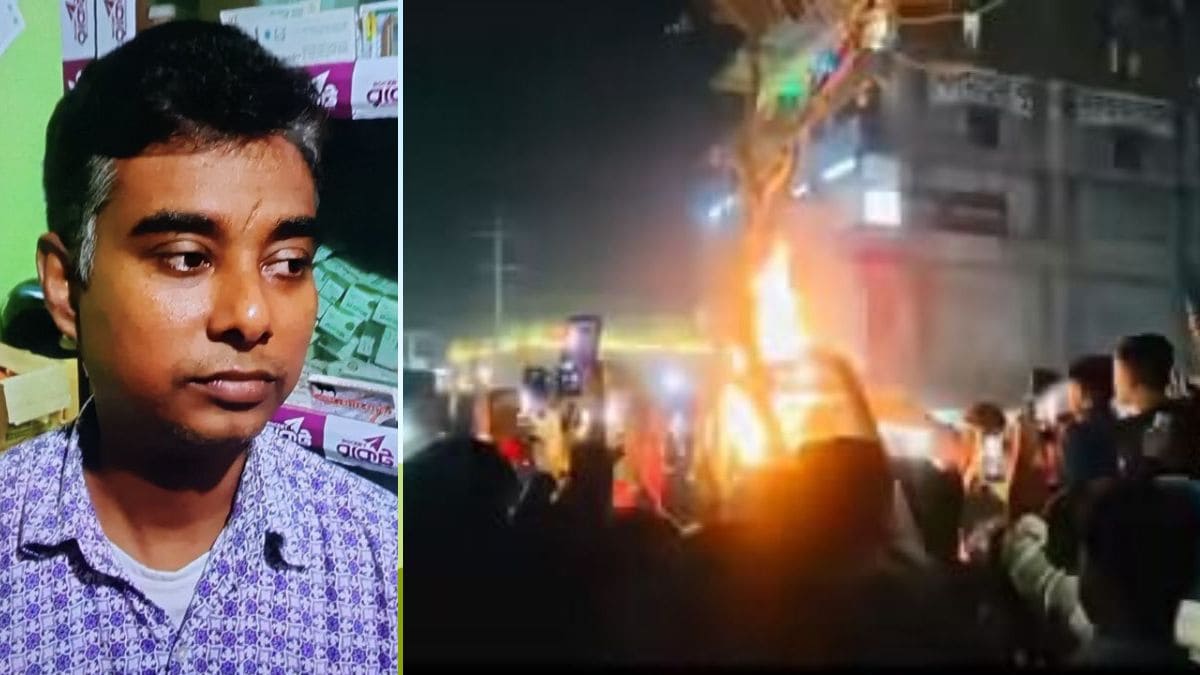 Khokon Chandra Das (L); A file photo of the mob violence that saw garment factory worker Dipu Chandra Das lynched to death in Bangladesh (R) | X