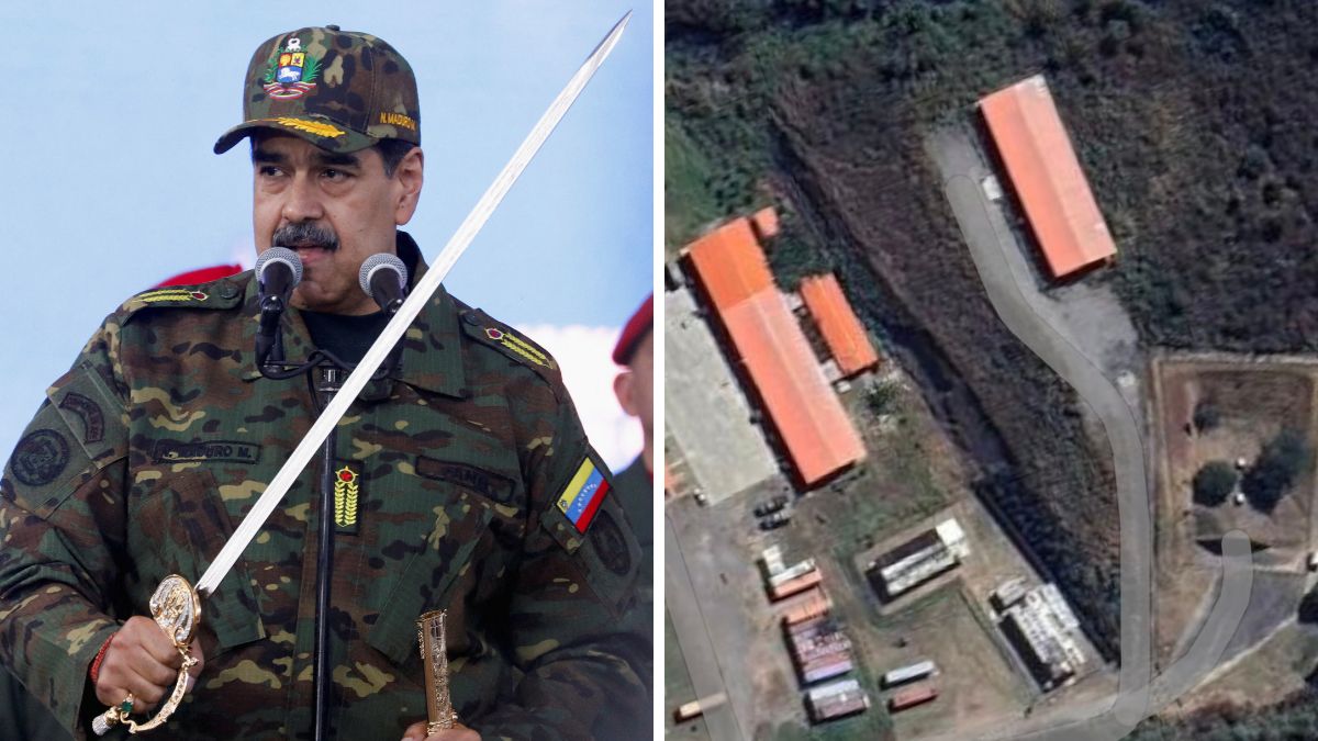 Venezuela's President Nicolas Maduro. (Right) Satellite images doing rounds on social media showing the Presidential compound of Maduro in the capital of Venezuela | X 