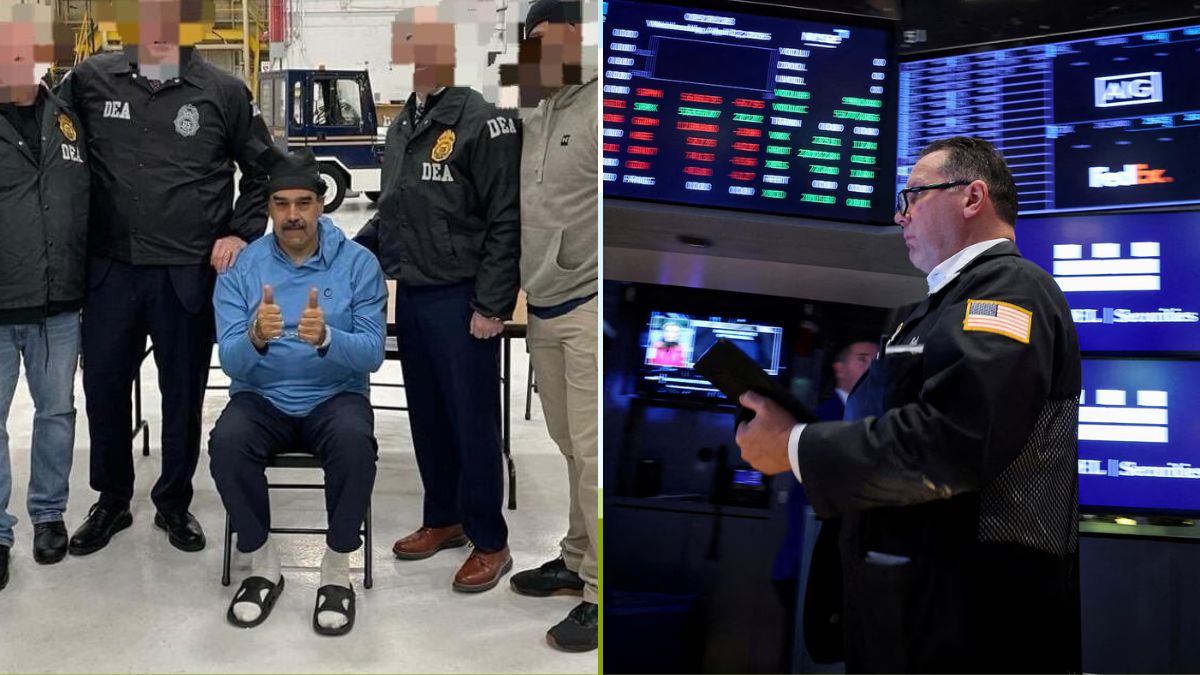 Nicolas Maduro in the US (L); A representative image of a trader (R) | X/@osintdefender, Reuters