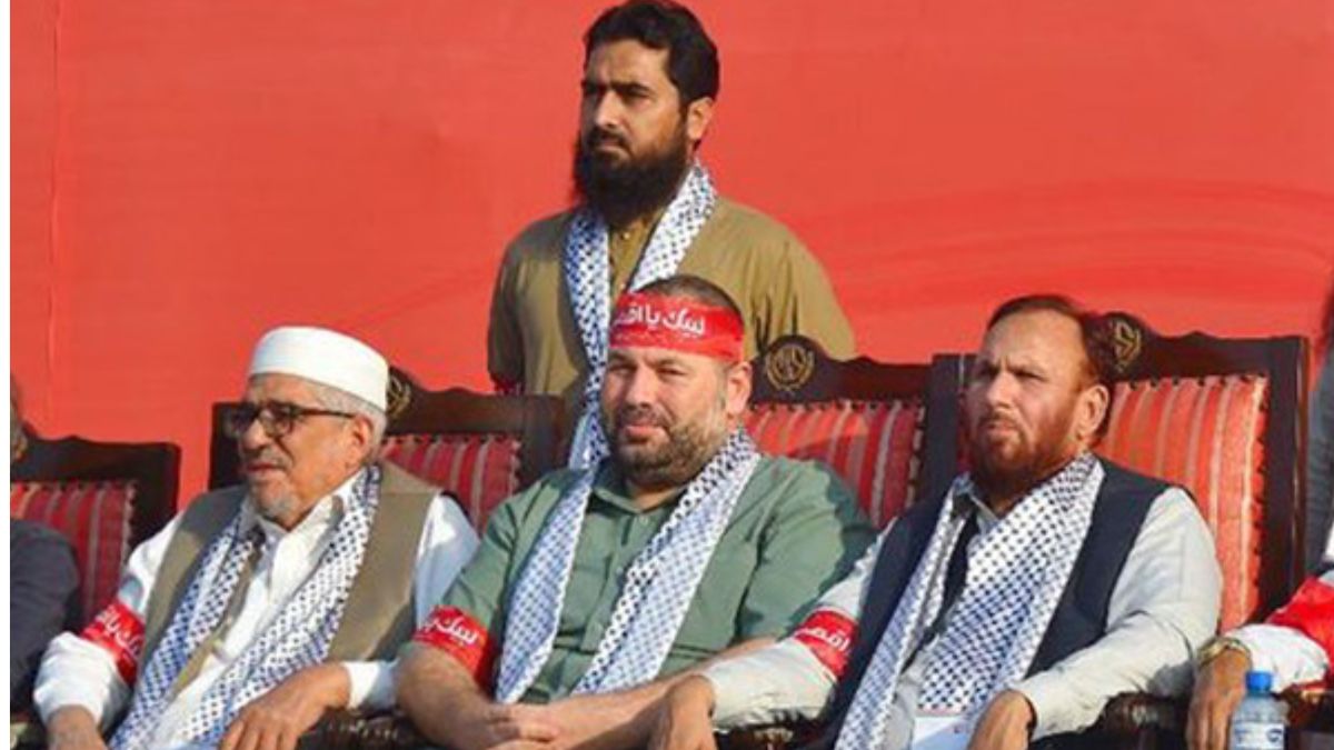 Naji Zaheer (middle) shares stage in Pakistan with global terrorists Saifullah Khalid and Faisal Nadeem in January 2024 | X (File)