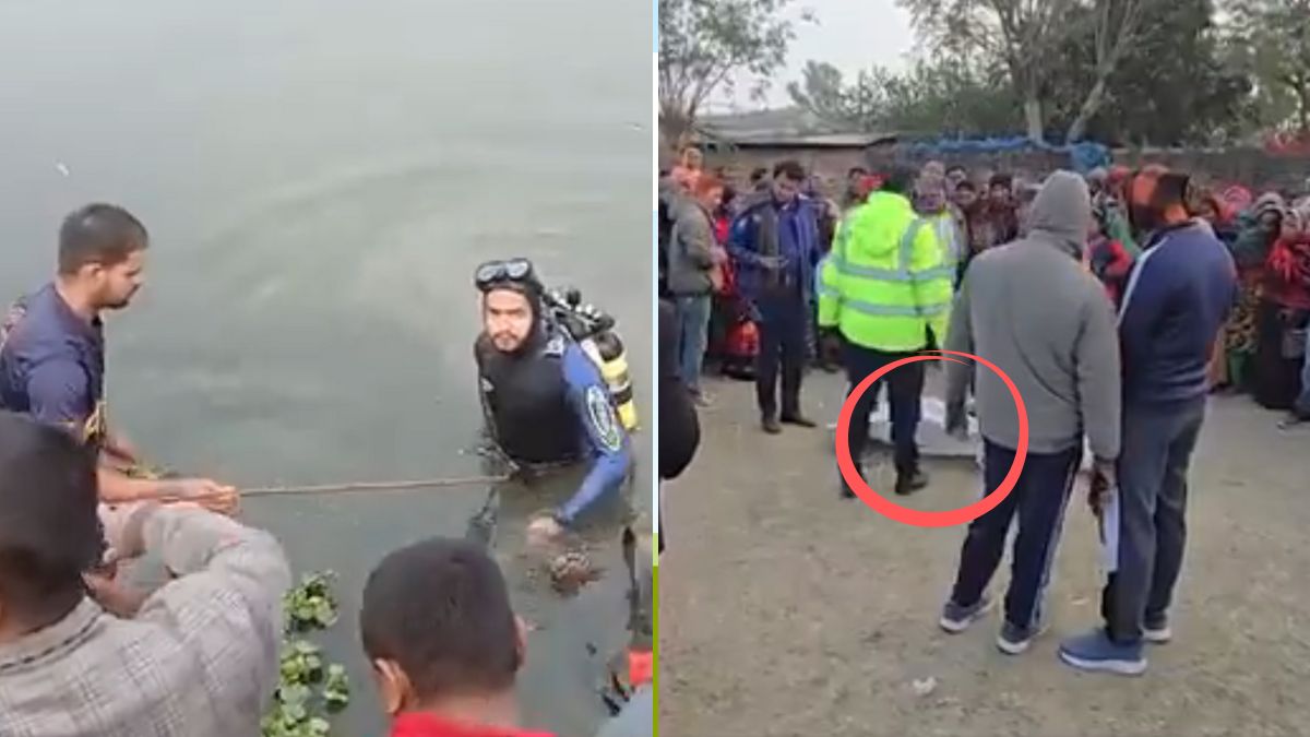 Visuals from the scene during the recovery of the dead body of Mithun Sarkar from a canal; (highlighted in red) The 25-year-old's dead body | X