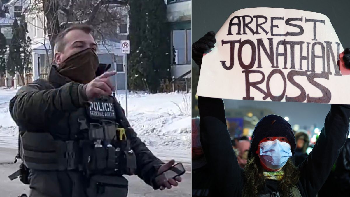(L) Image of ICE agent Jonathan Ross, (R) A protester holds a sign reading "ARREST JONATHAN ROSS" during a rally for Renee Good in Minneapolis | X, AP