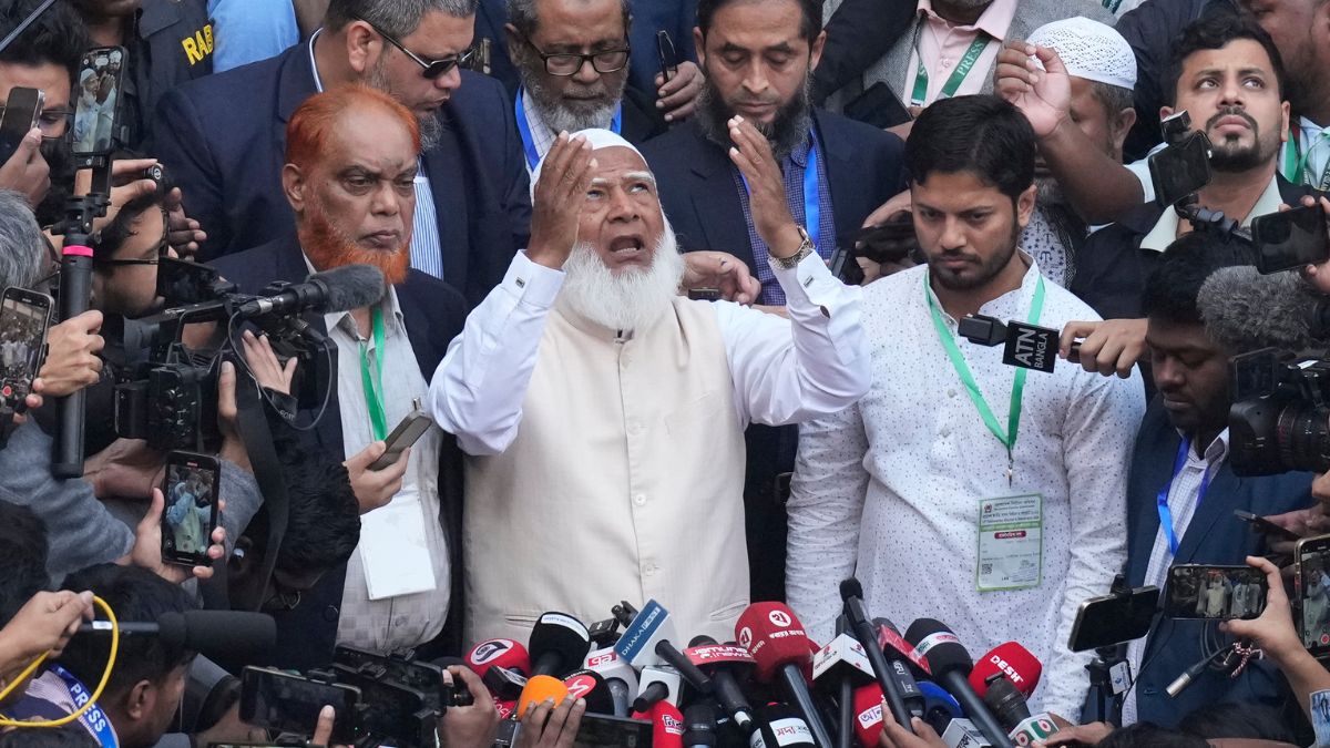 Jamaat-e-Islami leader Shafiqur Rahman, center, addresses the media after casting his vote at a polling station during the national parliamentary election in Dhaka, Bangladesh | AP