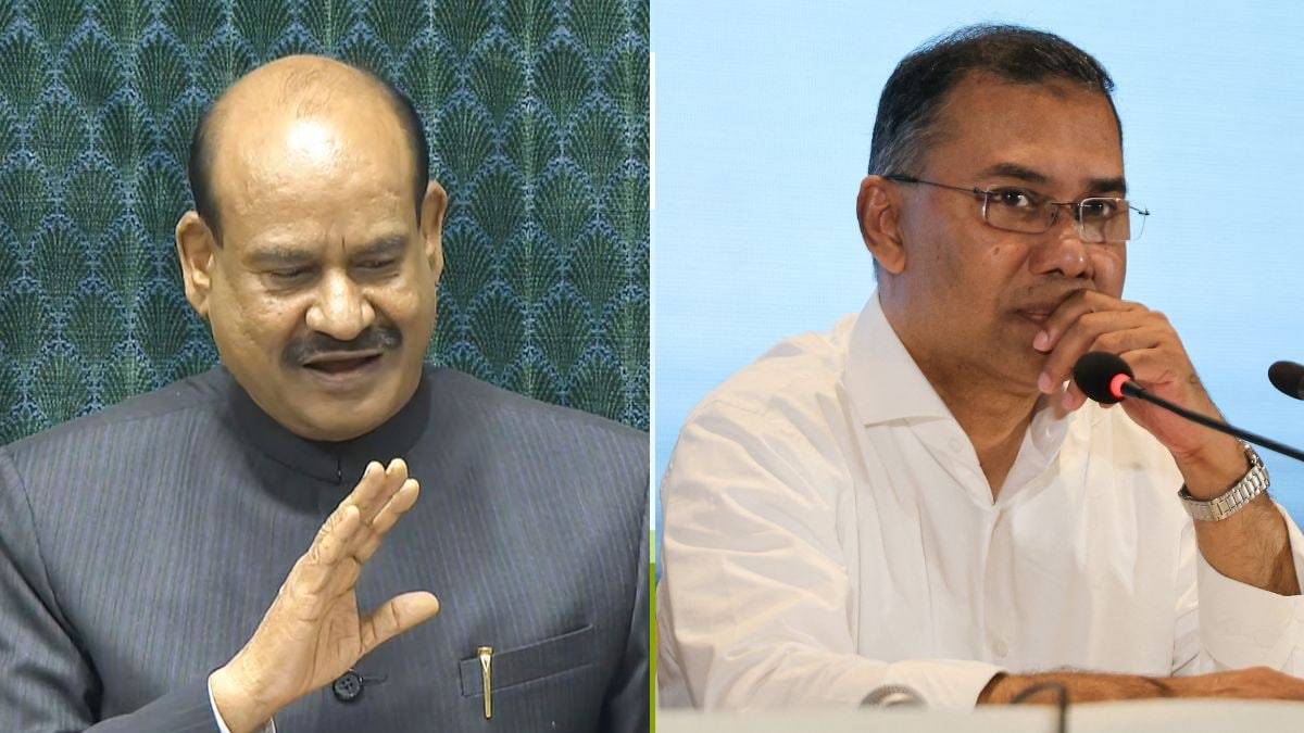 Lok Sabha Speaker Om Birla (L) and Bangladesh PM-designate Taarique Rahman (R) | Sansad TV via PTI, Reuters