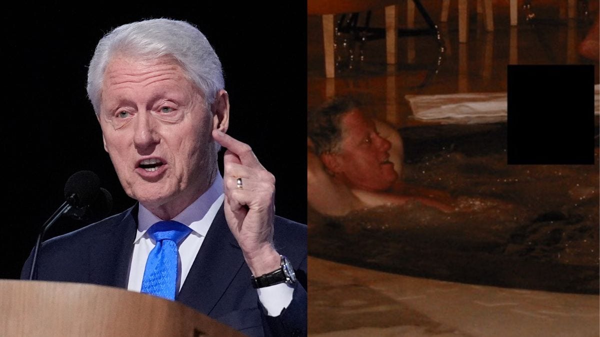 (L) Former President Bill Clinton, (R) Photo released by the Justice Department from Epstein Files showing Clinton in a hot tub with a 'woman' | AP, X