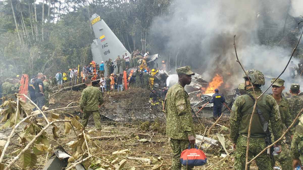 Members of the military gather at the site of a Colombian military plane crash in Puerto Leguizamo | Reuters