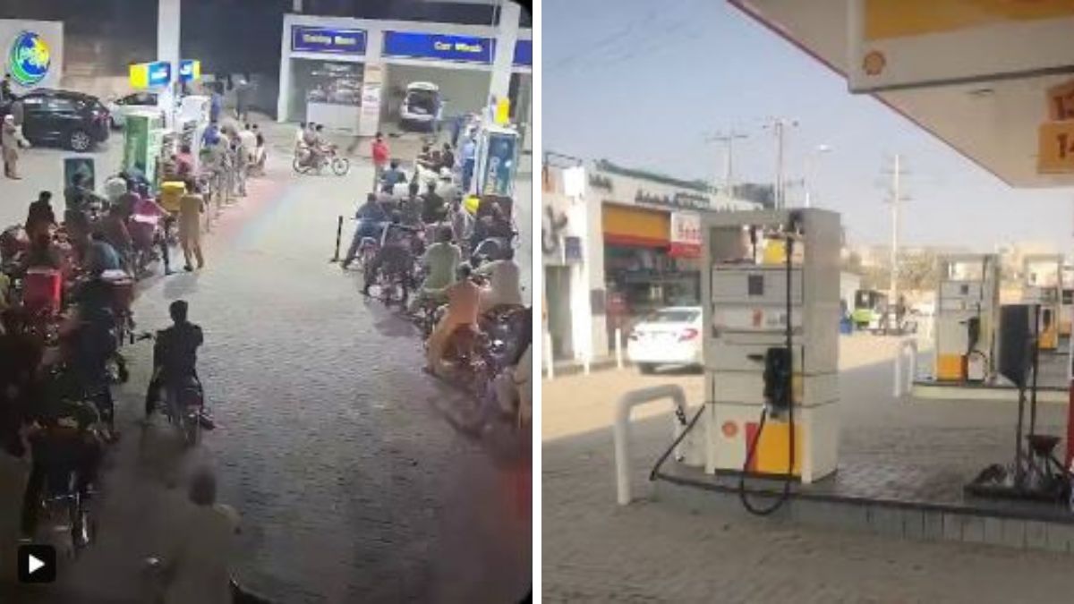 Huge crowds at Pakistan's petrol pumps. (Right) A pump with no stock in Lahore | X 
