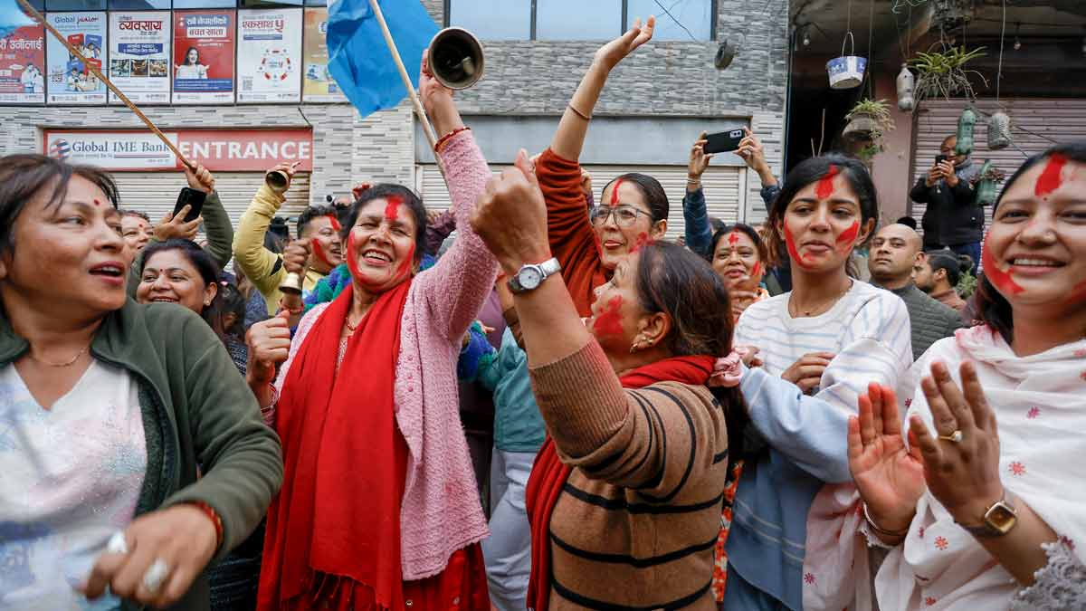 Supporters of the Rastriya Swatantra Party (RSP) gather outside the Election Commission ahead of the announcement of results in the Nepal general elections on Friday | PTI