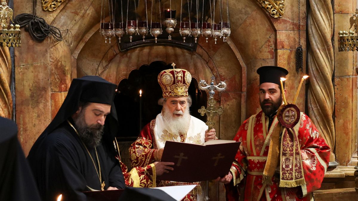 Greek Orthodox Patriarch of Jerusalem Theophilos III during the Washing of the Feet ceremony during the Orthodox Easter Holy Week, following the announcement of a two-week ceasefire in the Iran war, in the Church of the Holy Sepulchre in Jerusalem's Old City | Reuters