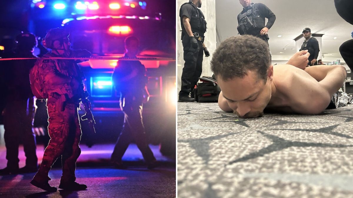 Law enforcement officials investigate an address connected to Cole Tomas Allen, the suspected shooter at the White House Correspondents' Dinner (WHCD) on April 25 (L); The suspected shooter after being subdued by Secret Service agents (R) | AP, Truth Social/@realDonaldTrump