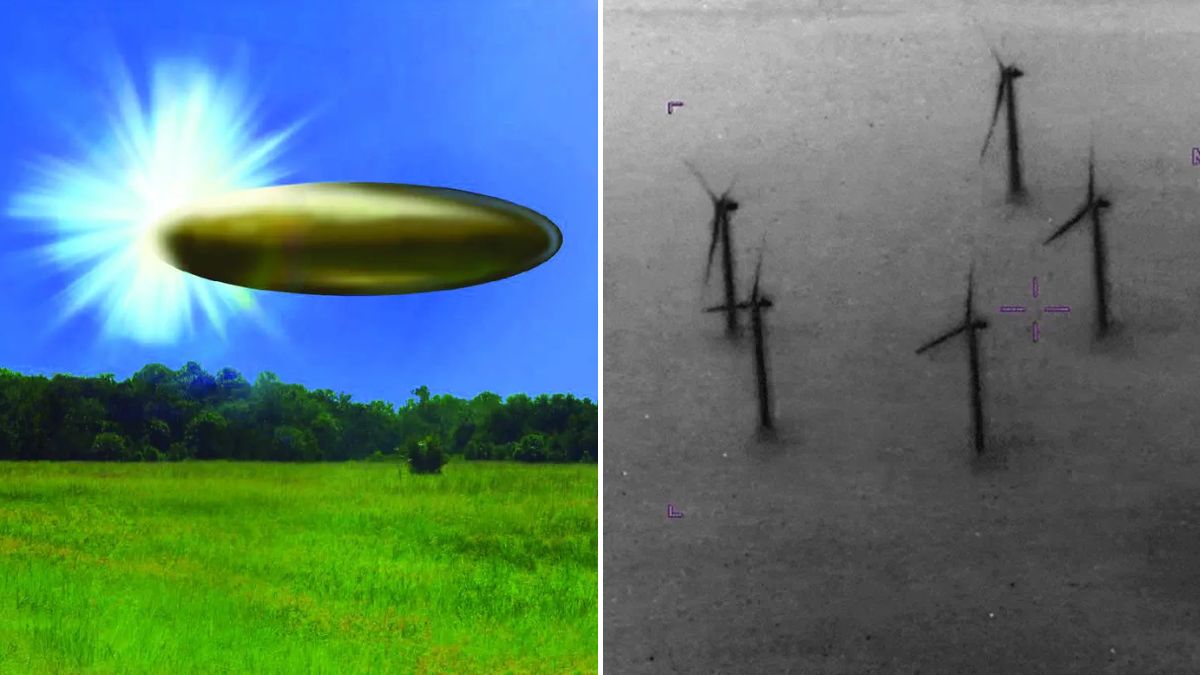 FBI composite sketch of an apparent ellipsoid bronze metallic object hovering over a field (L) and a UAP consisting of video footage from an infrared sensor (R) | US Department of War