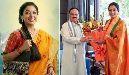Rupali Ganguly in a still from Anupamaa; (right) Gangulywith BJP president J.P. Nadda.