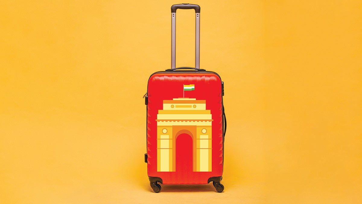 Red luggage on a yellow background isolated