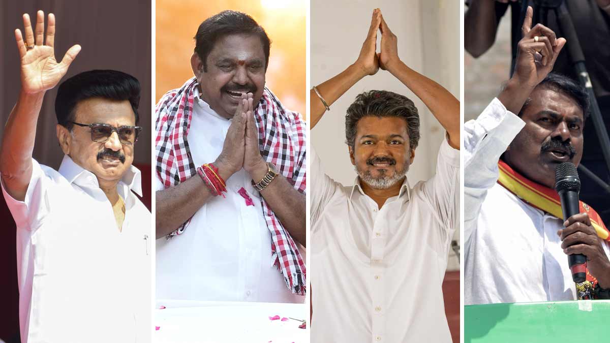 (from left) M.K. Stalin, Edappadi K. Palaniswami, Vijay, Seeman | PTI, R.G. Sastha