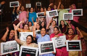 Women MPs of the BJP protest after the bill to implement reservation for women in legislatures was defeated | PTI