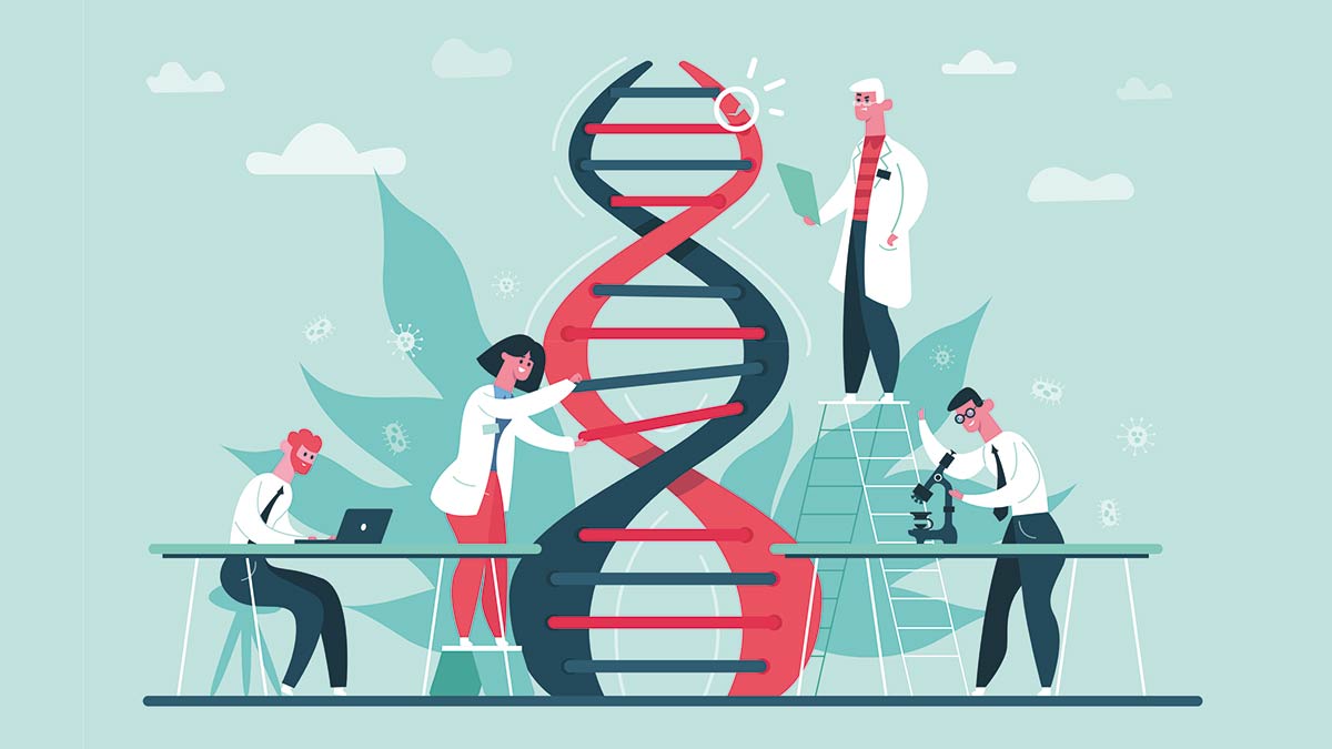 Genetic DNA research. Lab genome and DNA code science researches, scientist professor CRISPR CAS9 gene edits vector illustration