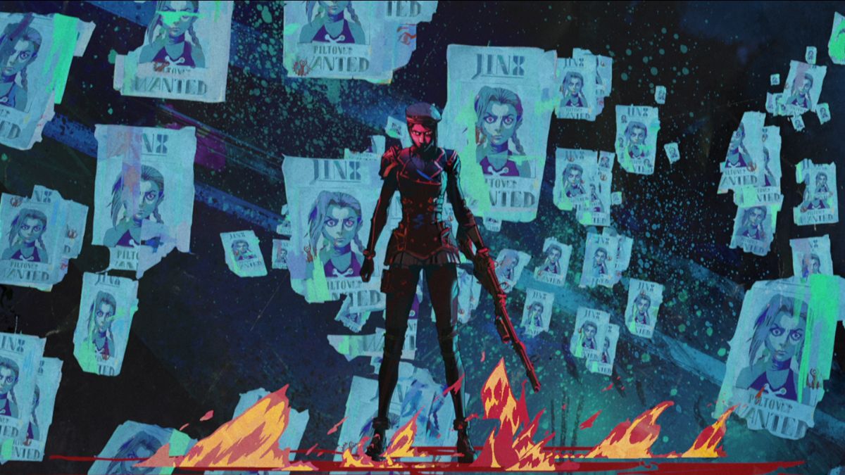 Katie Leung as Caitlyn surrounded by wanted posters of Jinx, played by Ella Purnell | NETFLIX