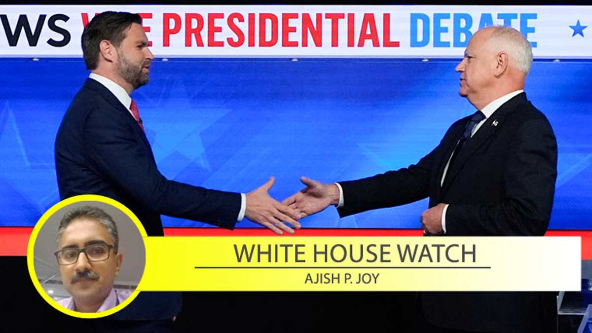 Republican vice presidential nominee Sen. J.D. Vance, R-Ohio, left, and Democratic vice presidential nominee Minnesota Gov. Tim Walz, shake hands as they arrive for a CBS News vice presidential debate, in New York | AP