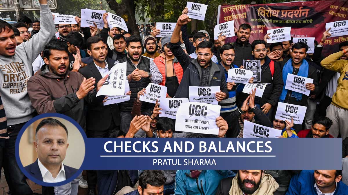 Students protest against the UGC Act at the Arts Faculty of Delhi University, in New Delhi | PTI