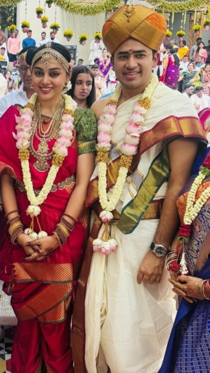 IN PICS | Tejasvi Surya and Sivasri Skandaprasad ties the knot; B.Y. Vijayendra, Arjun Ram Meghwal and Pralhad Joshi attend