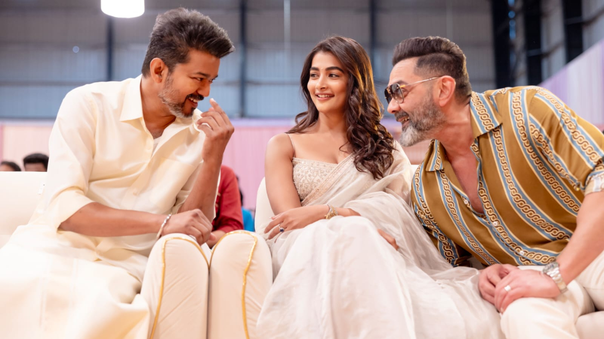 Actor Vijay, Bobby Deol (R) and Pooja Hegde during the pooja ceremony of 'Thalapathy 69'